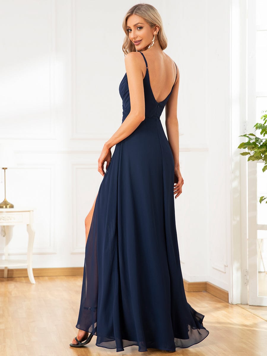Pleated V-Neck Spaghetti Strap High Slit Bridesmaid Dress Formal Evening Dresses Gowns