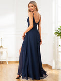 Pleated V-Neck Spaghetti Strap High Slit Bridesmaid Dress Formal Evening Dresses Gowns