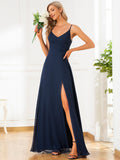 Pleated V-Neck Spaghetti Strap High Slit Bridesmaid Dress Formal Evening Dresses Gowns