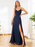 Pleated V-Neck Spaghetti Strap High Slit Bridesmaid Dress Formal Evening Dresses Gowns