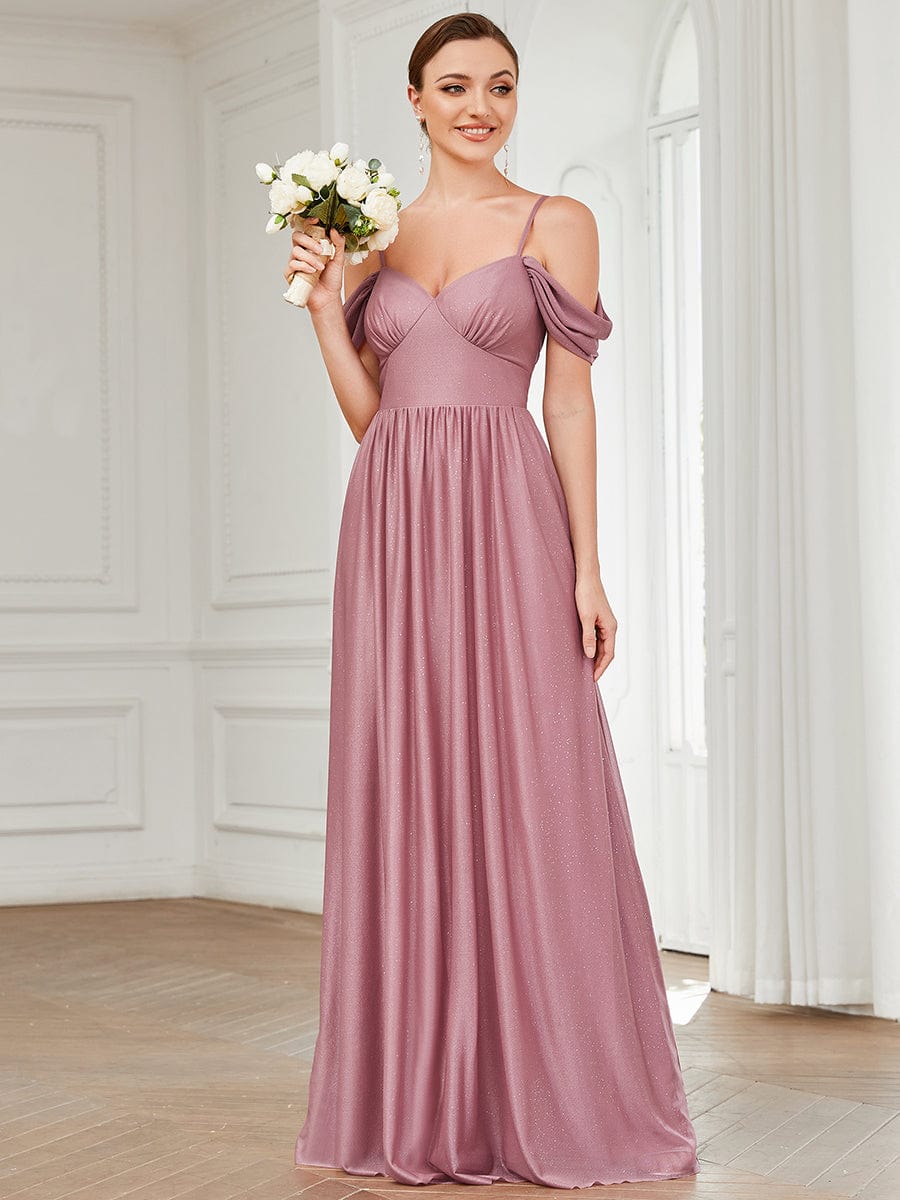 Vestido de dama de honor con escote corazón, hombros descubiertos y mangas drapeadas, vestidos de noche formales