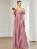 Vestido de dama de honor con escote corazón, hombros descubiertos y mangas drapeadas, vestidos de noche formales