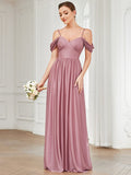 Vestido de dama de honor con escote corazón, hombros descubiertos y mangas drapeadas, vestidos de noche formales