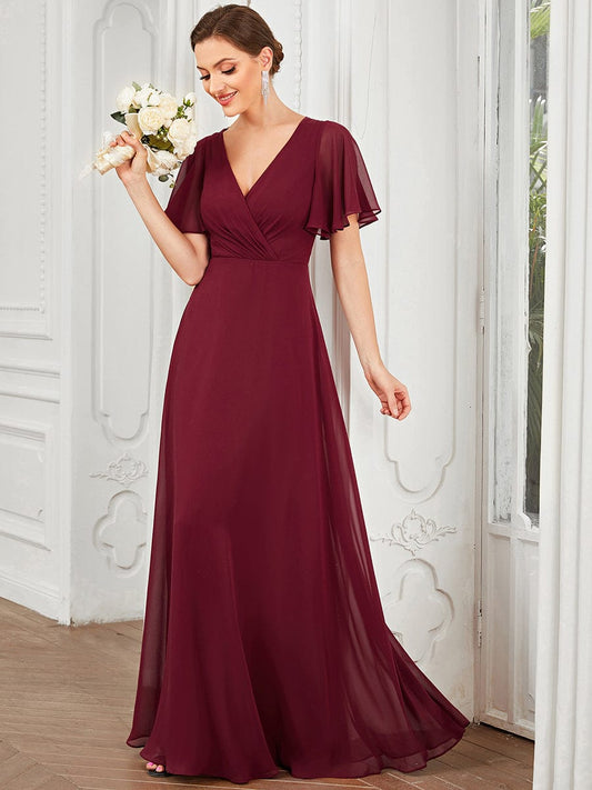 Chiffon Tie-Back Keyhole Short Sleeve A-line Bridesmaid Dress Formal Evening Prom Dresses Gowns