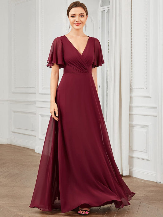 Chiffon Tie-Back Keyhole Short Sleeve A-line Bridesmaid Dress Formal Evening Prom Dresses Gowns