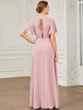 Chiffon-Brautjungfernkleid mit Schlüssellochausschnitt und kurzen Ärmeln, A-Linie, formelle Abend- und Ballkleider