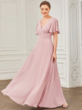 Chiffon-Brautjungfernkleid mit Schlüssellochausschnitt und kurzen Ärmeln, A-Linie, formelle Abend- und Ballkleider