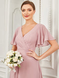 Chiffon-Brautjungfernkleid mit Schlüssellochausschnitt und kurzen Ärmeln, A-Linie, formelle Abend- und Ballkleider