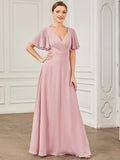 Chiffon-Brautjungfernkleid mit Schlüssellochausschnitt und kurzen Ärmeln, A-Linie, formelle Abend- und Ballkleider