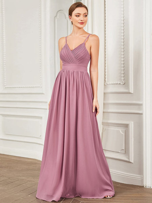 Chiffon Spaghetti Strap V-Neck Pleated A-Line Bridesmaid Dress Formal Evening Dresses