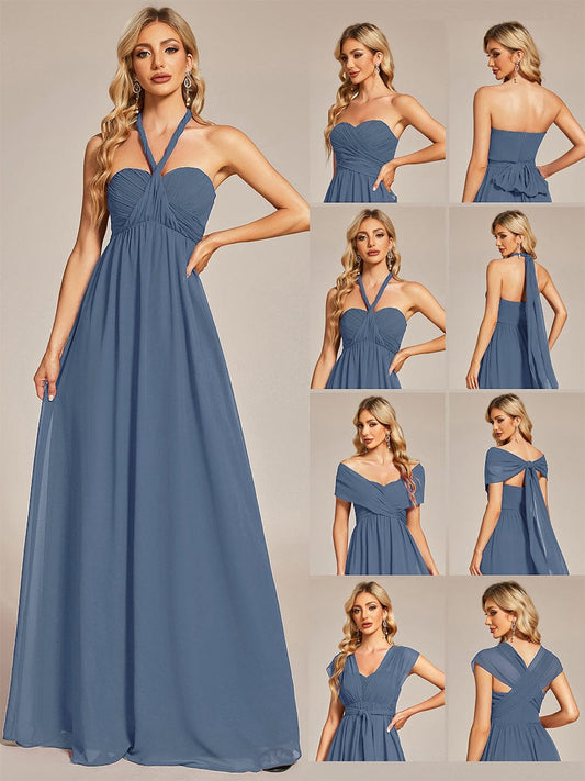 Convertible Chiffon Pleated Strapless Tie-Waist Bridesmaid Dress Evening Formal Dresses
