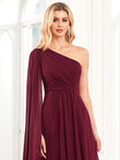Vestido de dama de honor de gasa plisado con mangas asimétricas y corte A para noche formal