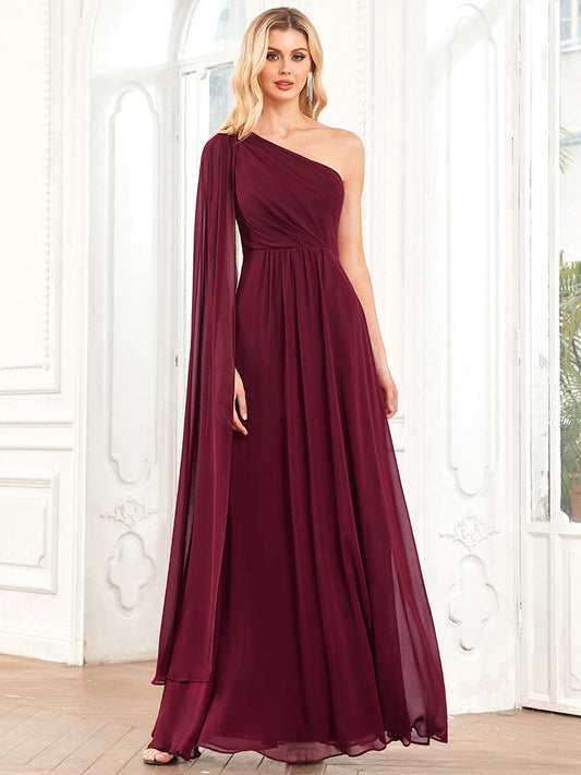 Asymmetrical Sleeve A-Line Pleated Chiffon Bridesmaid Dress Formal Evening Dresses