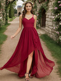 Chiffon Spaghettiträger Rüschen Schlitz vorne A-Linie Brautjungfernkleid Ballkleid Abendkleider Abendkleider für Damen