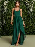Chiffon Spaghettiträger Rüschen Schlitz vorne A-Linie Brautjungfernkleid Ballkleid Abendkleider Abendkleider für Damen