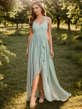 Chiffon Spaghettiträger Rüschen Schlitz vorne A-Linie Brautjungfernkleid Ballkleid Abendkleider Abendkleider für Damen