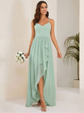 Chiffon Spaghettiträger Rüschen Schlitz vorne A-Linie Brautjungfernkleid Ballkleid Abendkleider Abendkleider für Damen