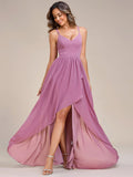 Chiffon Spaghettiträger Rüschen Schlitz vorne A-Linie Brautjungfernkleid Ballkleid Abendkleider Abendkleider für Damen