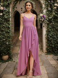 Chiffon Spaghettiträger Rüschen Schlitz vorne A-Linie Brautjungfernkleid Ballkleid Abendkleider Abendkleider für Damen