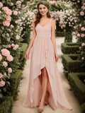 Chiffon Spaghettiträger Rüschen Schlitz vorne A-Linie Brautjungfernkleid Ballkleid Abendkleider Abendkleider für Damen