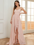 Chiffon Spaghettiträger Rüschen Schlitz vorne A-Linie Brautjungfernkleid Ballkleid Abendkleider Abendkleider für Damen