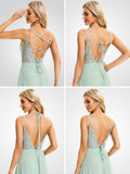Convertible Chiffon Lace Open Back Spaghetti Straps Bridesmaid Dress Formal Evening Dresses