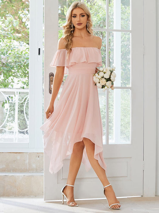 Chiffon Flowy Off-The-Shoulder Bridesmaid Asymmetrical Dress Junior Dresses