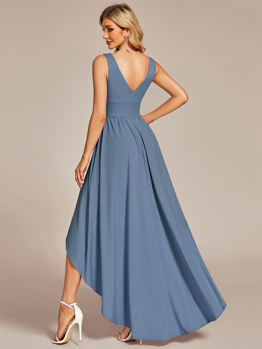Deep V-Neck High-Low Sleeveless A-Line Wedding Guest Dress Prom Party Bridesmaid Dresses