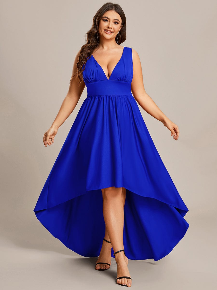 Deep V-Neck High-Low Sleeveless A-Line Wedding Guest Dress Prom Party Bridesmaid Dresses
