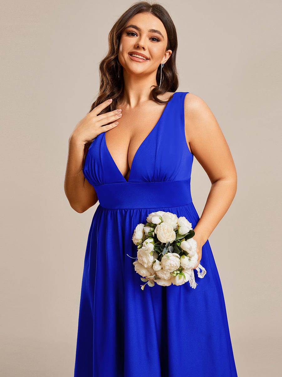 Deep V-Neck High-Low Sleeveless A-Line Wedding Guest Dress Prom Party Bridesmaid Dresses