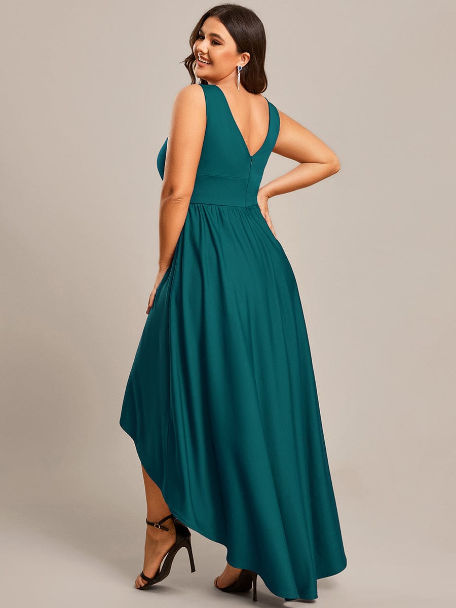 Deep V-Neck High-Low Sleeveless A-Line Wedding Guest Dress Prom Party Bridesmaid Dresses