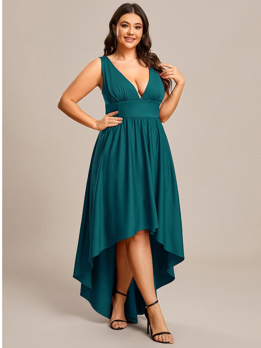 Deep V-Neck High-Low Sleeveless A-Line Wedding Guest Dress Prom Party Bridesmaid Dresses