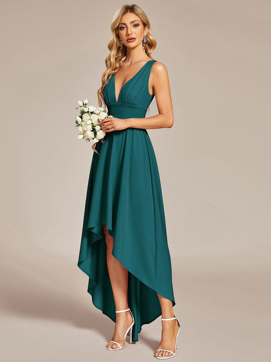 Deep V-Neck High-Low Sleeveless A-Line Wedding Guest Dress Prom Party Bridesmaid Dresses