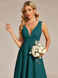 Deep V-Neck High-Low Sleeveless A-Line Wedding Guest Dress Prom Party Bridesmaid Dresses