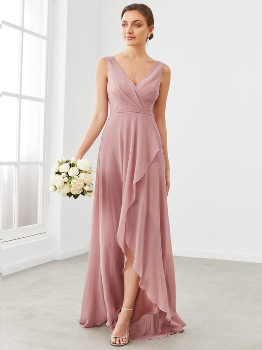 Custom Size Chiffon Ruffled Hem Front Slit Sleeveless Bridesmaid Dress Formal Evening Dresses