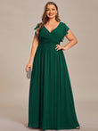 Vestido de dama de honor de gasa con escote en A, plisado, mangas con volantes y abertura en la espalda, vestidos de noche formales