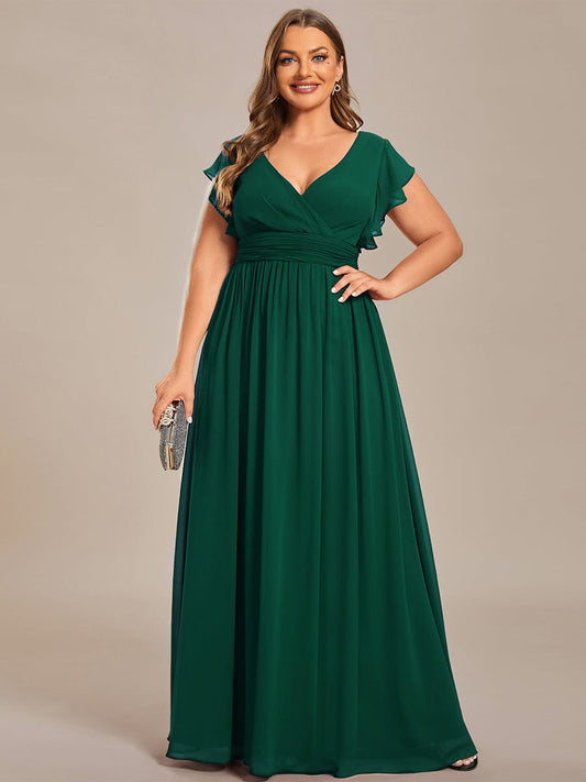 Back Cutout A-Line Pleated Ruffles Sleeve Chiffon Bridesmaid Dress Evening Formal Dresses