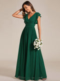 Vestido de dama de honor de gasa con escote en A, plisado, mangas con volantes y abertura en la espalda, vestidos de noche formales