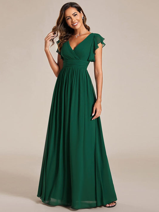 Back Cutout A-Line Pleated Ruffles Sleeve Chiffon Bridesmaid Dress Evening Formal Dresses