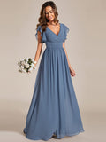 Vestido de dama de honor de gasa con escote en A, plisado, mangas con volantes y abertura en la espalda, vestidos de noche formales