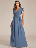 Vestido de dama de honor de gasa con escote en A, plisado, mangas con volantes y abertura en la espalda, vestidos de noche formales