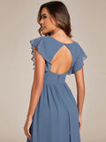 Vestido de dama de honor de gasa con escote en A, plisado, mangas con volantes y abertura en la espalda, vestidos de noche formales