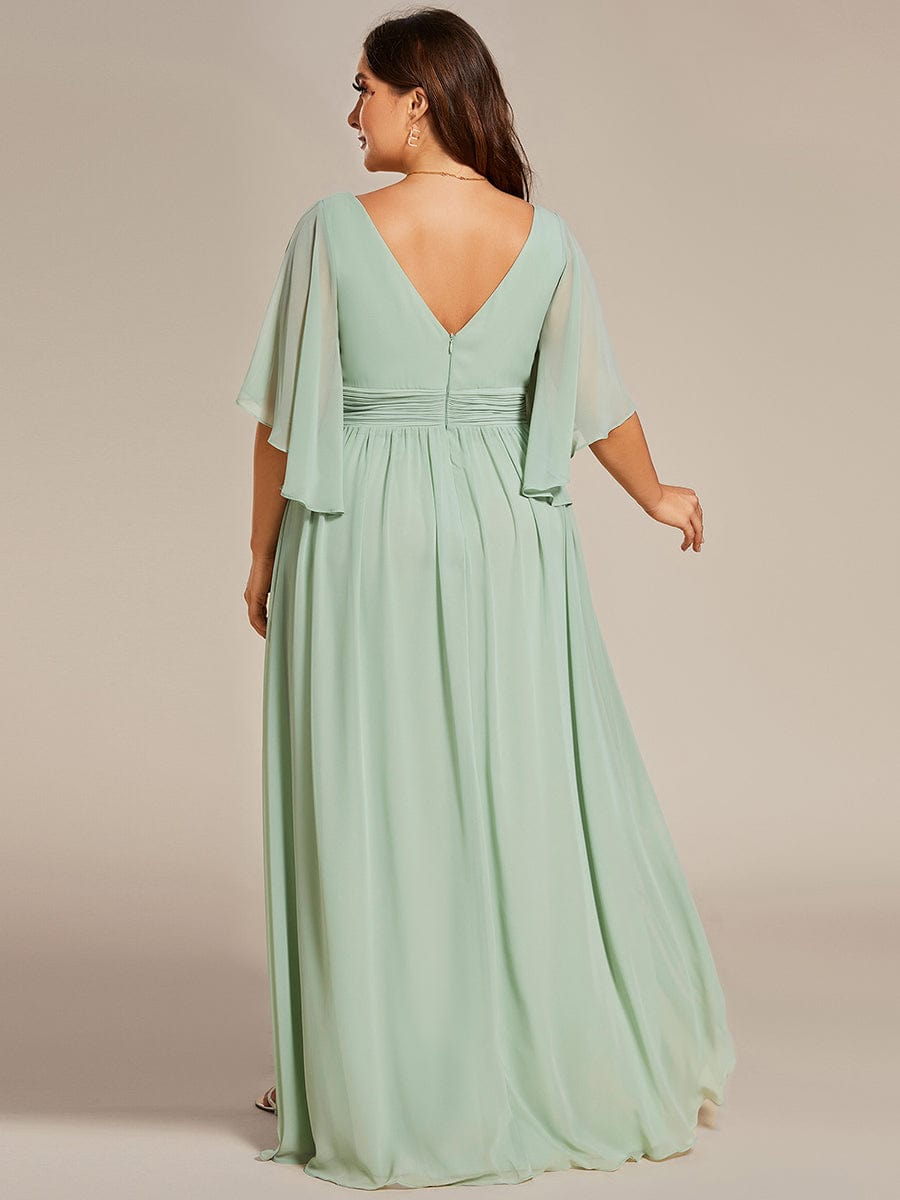 Half Sleeve V-Neck Pleated High Slit A-Line Chiffon Bridesmaid Dress Mother of the Bride Dresses