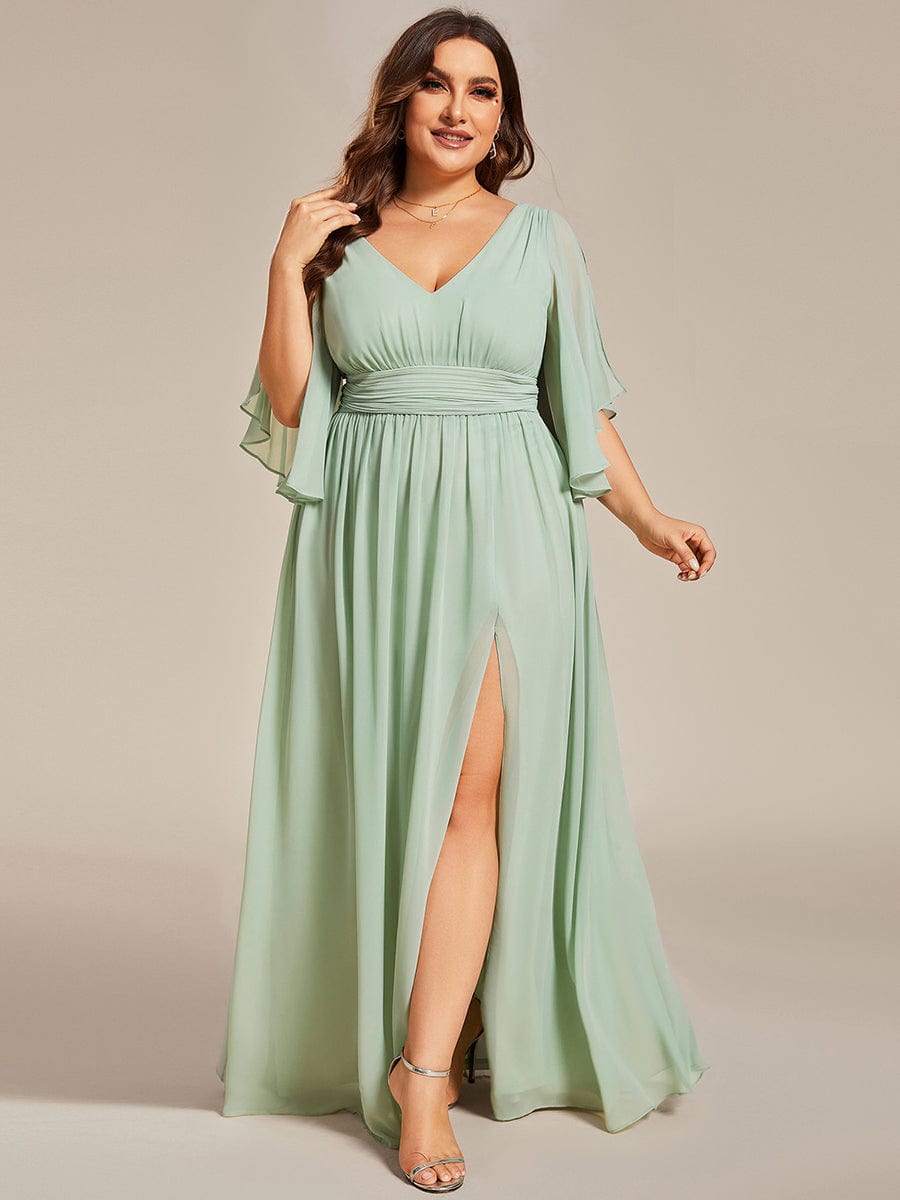 Half Sleeve V-Neck Pleated High Slit A-Line Chiffon Bridesmaid Dress Mother of the Bride Dresses