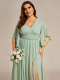 Half Sleeve V-Neck Pleated High Slit A-Line Chiffon Bridesmaid Dress Mother of the Bride Dresses