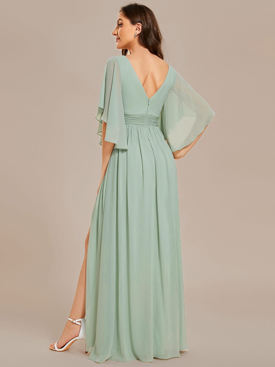Half Sleeve V-Neck Pleated High Slit A-Line Chiffon Bridesmaid Dress Mother of the Bride Dresses