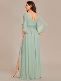 Half Sleeve V-Neck Pleated High Slit A-Line Chiffon Bridesmaid Dress Mother of the Bride Dresses