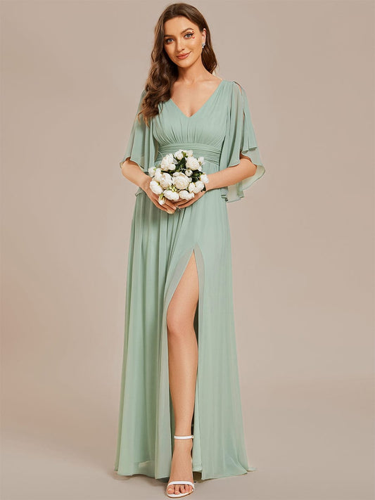 Half Sleeve V-Neck Pleated High Slit A-Line Chiffon Bridesmaid Dress Mother of the Bride Dresses