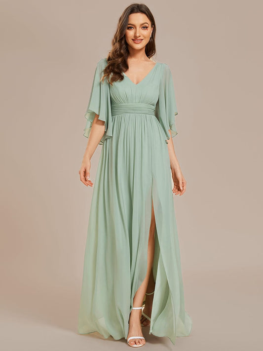 Half Sleeve V-Neck Pleated High Slit A-Line Chiffon Bridesmaid Dress Mother of the Bride Dresses