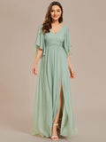Half Sleeve V-Neck Pleated High Slit A-Line Chiffon Bridesmaid Dress Mother of the Bride Dresses